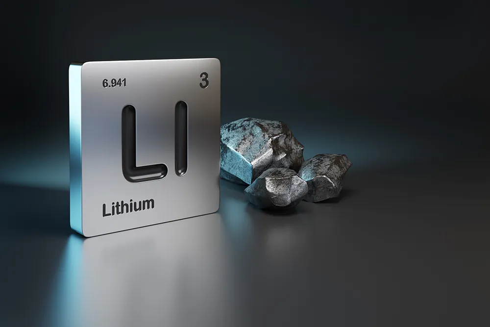 Lithium element symbol from the periodic table near metallic lithium with copy space. Test your drinking water with the water testing kits from IVARIO.